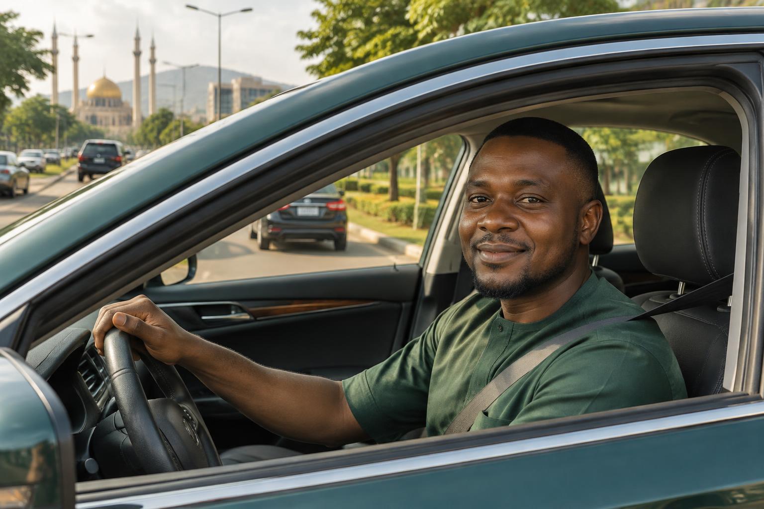 Driver behind the wheel on a city street